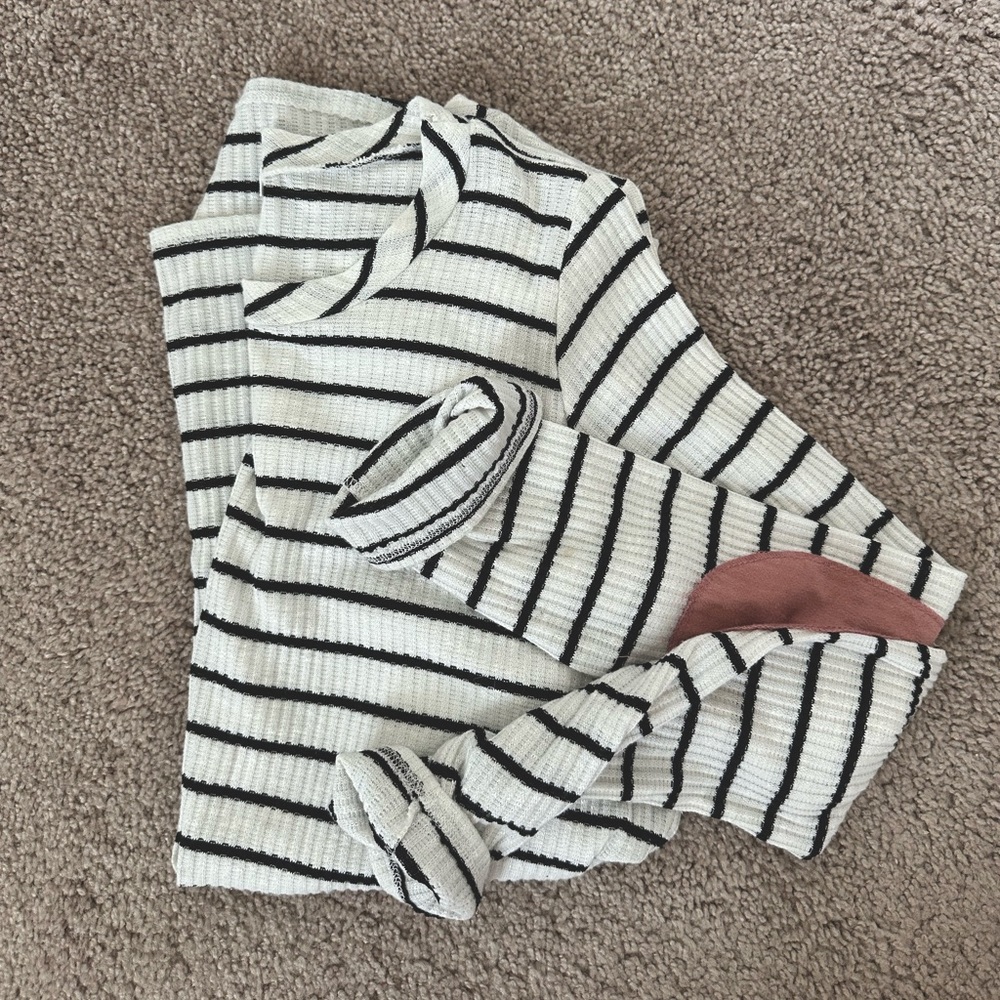 Chris & Carol striped sweater with pink elbow patches. Size L.